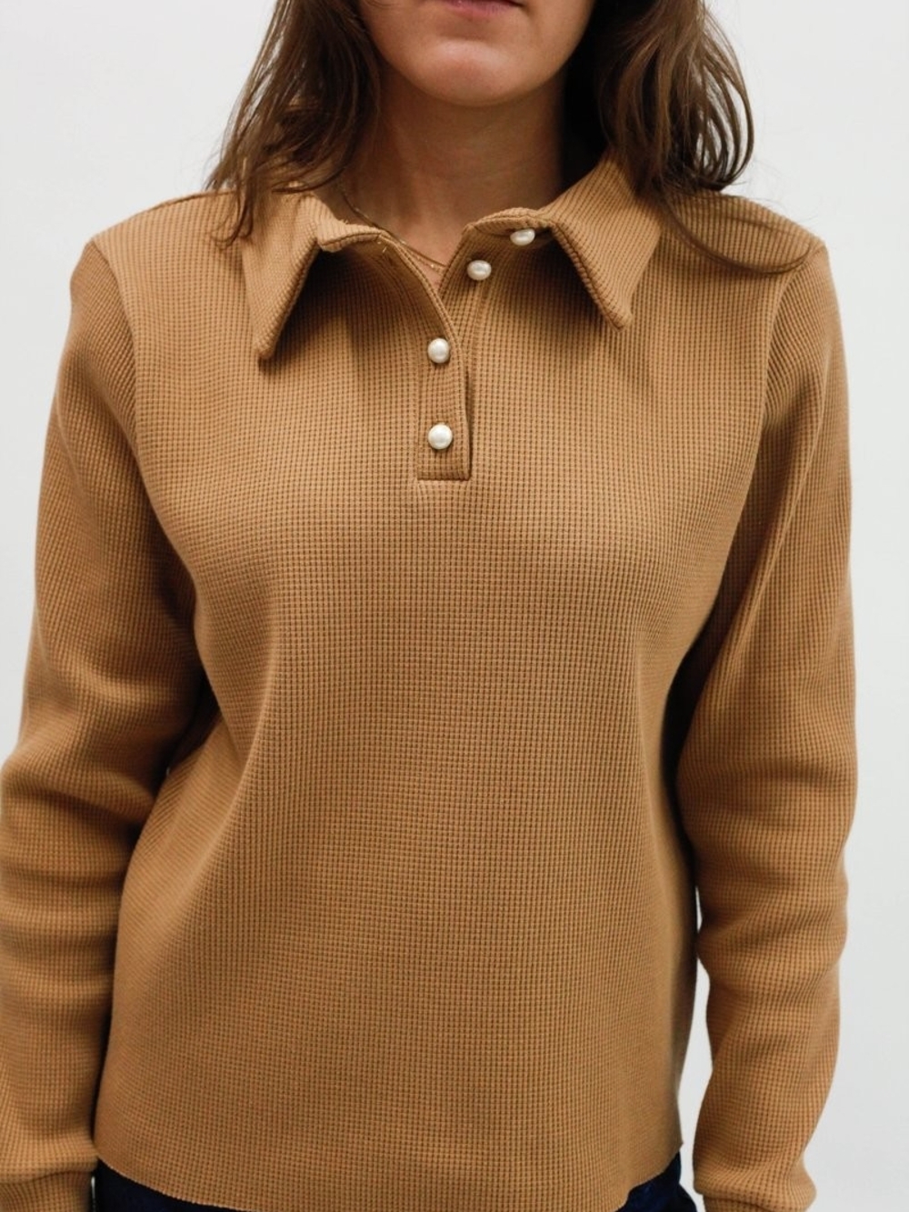 DONNI. Camel Waffle-Knit Polo Sweater with Pearl Buttons Size Medium